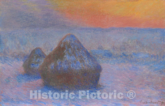 Art Print : Stacks of Wheat (Sunset, Snow Effect), Claude Monet, c 1863, Vintage Wall Decor :