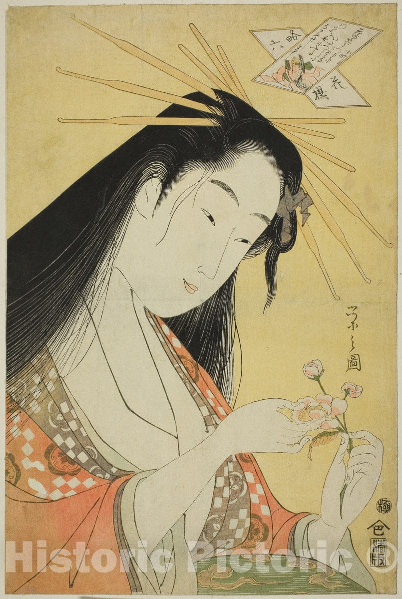 Art Print : A Selection of Six Flowers - A Parody Rokkasen (Yatsushi Rokkasen): Ono no Komachi, ChÃ´bunsai Eishi, c 1786, Vintage Wall Decor :