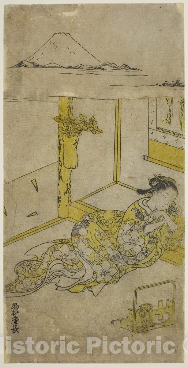 Art Print : Sleeping Young Woman with Mt. Fuji Above, Nishimura Shigenaga, c 1721, Vintage Wall Decor :
