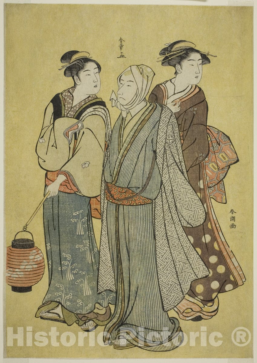 Art Print : A Young Man Dressed as an Actor of the Ichikawa Family (by Shunsho), a Maid and a Geisha (by Shuncho), Katsukawa Shunsho, c 1850, Vintage Wall Decor :
