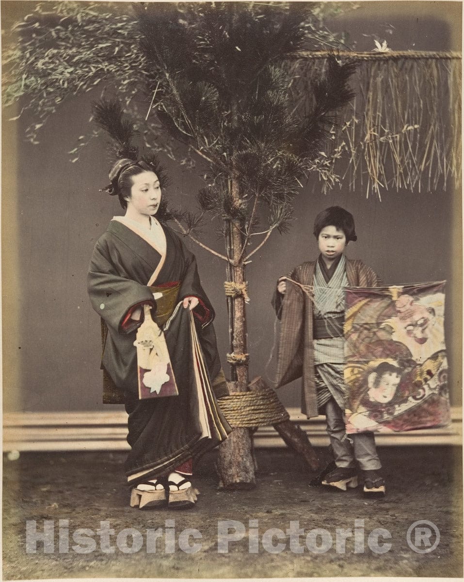 Photo Print : Suzuki Shin'ichi - A Japanese Woman and a Japanese Boy in Traditional Dress : Vintage Wall Art