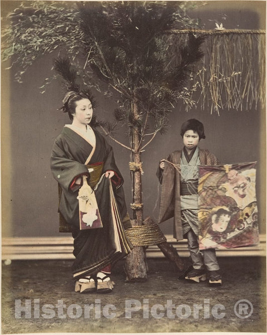 Photo Print : Suzuki Shin'ichi - A Japanese Woman and a Japanese Boy in Traditional Dress : Vintage Wall Art