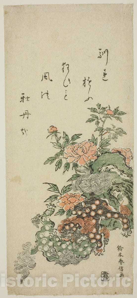 Art Print : Peonies and Chinese Lions, Suzuki Harunobu, c 1789, Vintage Wall Decor :