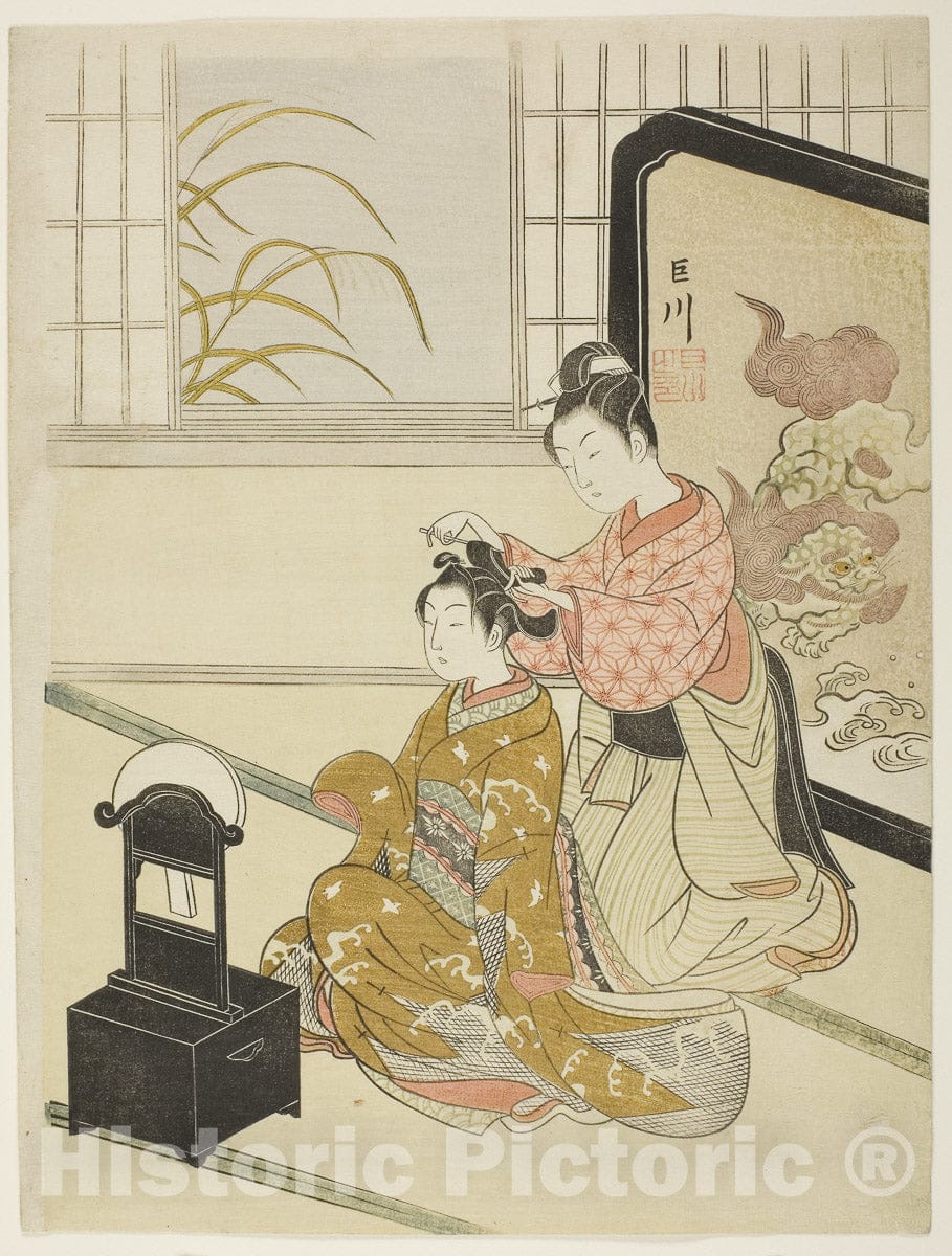 Art Print : The Autumn Moon in the Mirror (Kyodai no shugetsu), from the series "Eight Views of the Parlor (Zashiki hakkei)", Suzuki Harunobu, c 1765, Vintage Wall Decor :