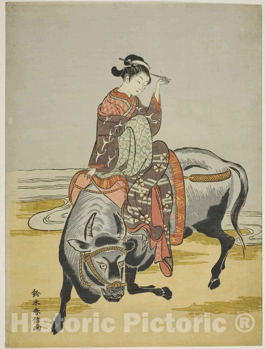 Art Print : Courtesan Riding an Ox (parody of Botange Shohaku), Suzuki Harunobu, c 1771, Vintage Wall Decor :