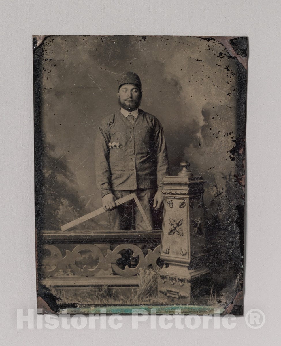 Art Print : Carpenter, Standing Behind a Decorative Balustrade, Holding a Square - Artist Unknown : Vintage Wall Art