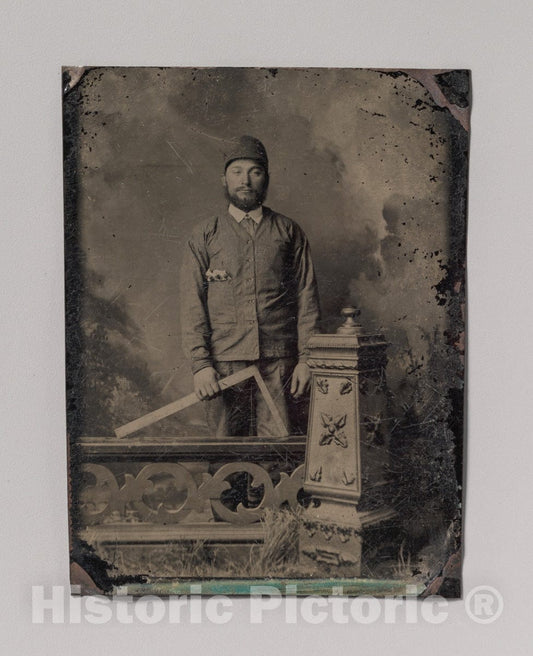 Art Print : Carpenter, Standing Behind a Decorative Balustrade, Holding a Square - Artist Unknown : Vintage Wall Art