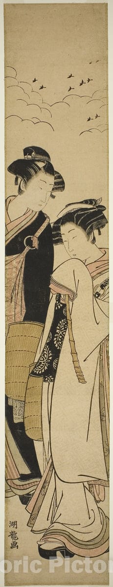 Art Print : Young Couple Dressed as Mendicant Monks (Genpachi and Komurasaki?), Isoda Koryusai, c 1781, Vintage Wall Decor :