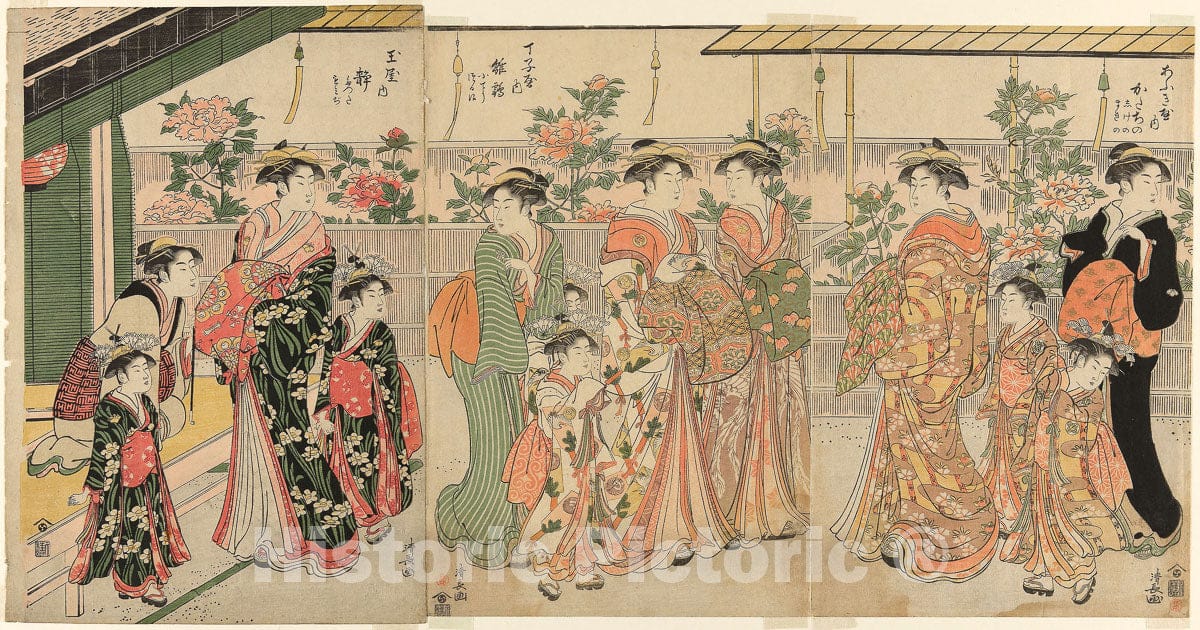 Art Print : Courtesans of Yoshiwara and their attendants viewing the peonies on Nakanocho, Torii Kiyonaga, c 1864, Vintage Wall Decor :