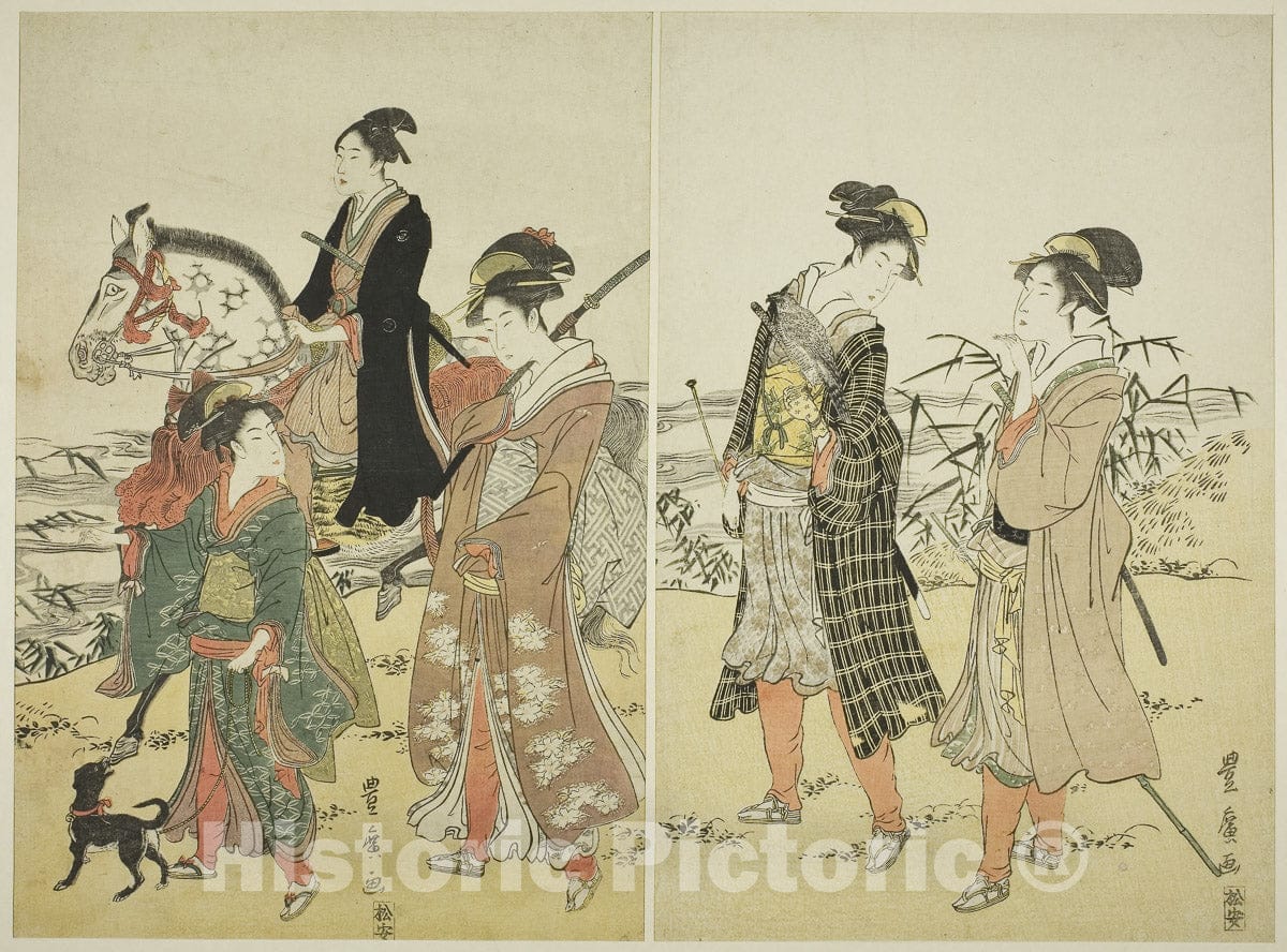 Art Print : Party of falconers near river, Utagawa Toyohiro, c 1848, Vintage Wall Decor :