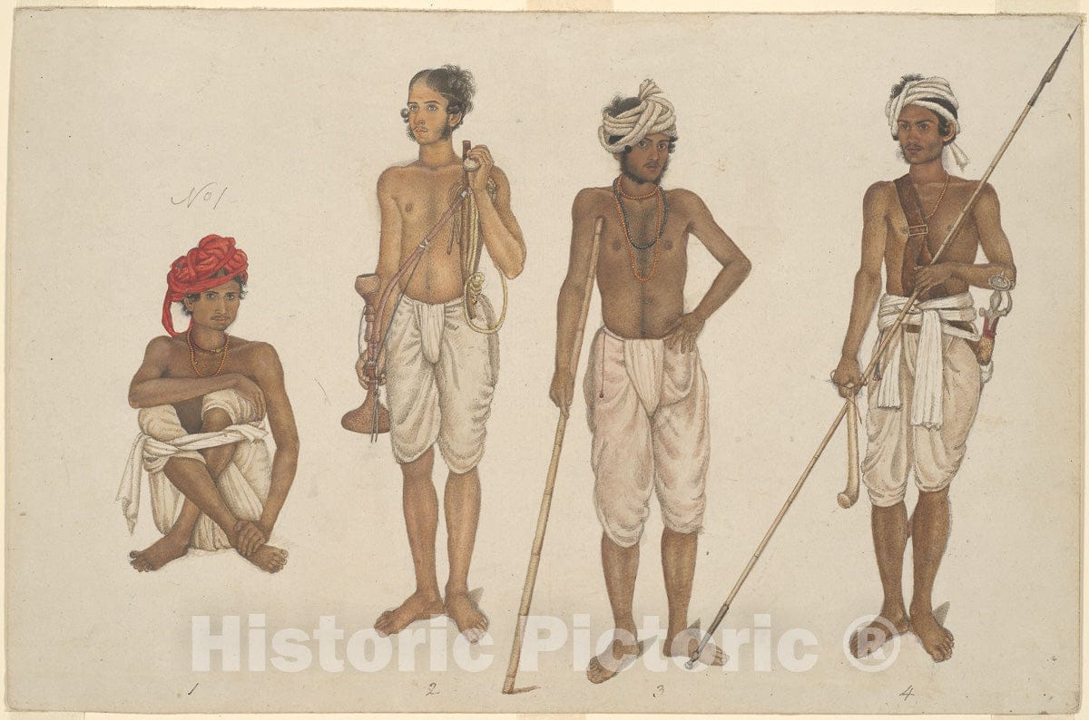 Art Print : Four Recruits in White Dhotis, page from the Fraser Album, c 1194, Vintage Wall Decor :