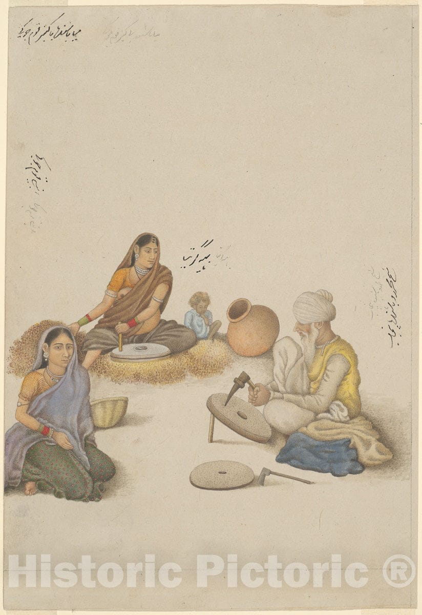 Art Print : Villagers Grinding Corn, page from the Fraser Album, c 1701, Vintage Wall Decor :