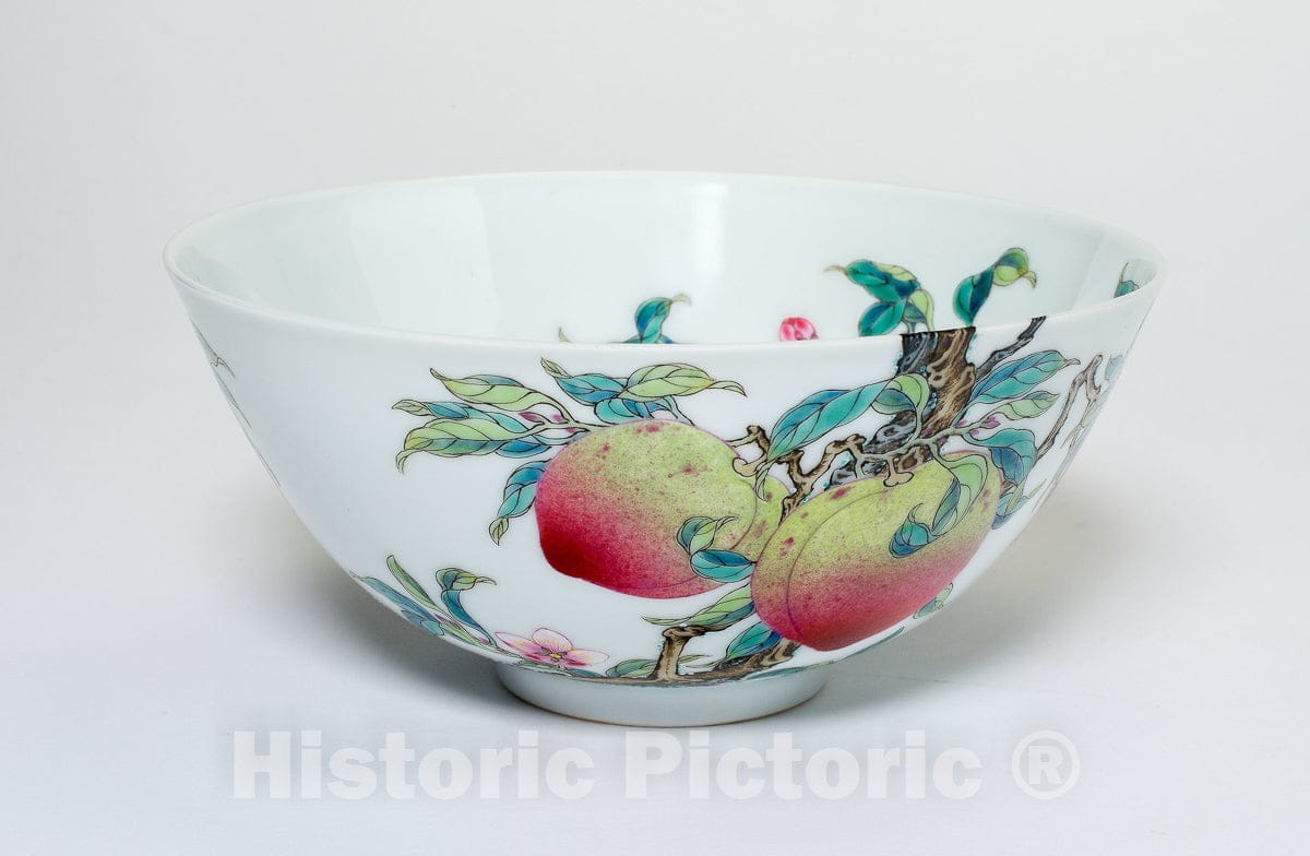 Art Print : Bowl with Fruiting Peaches, Tree Peony, Flowering Plum and Bats, c 1778, Vintage Wall Decor :