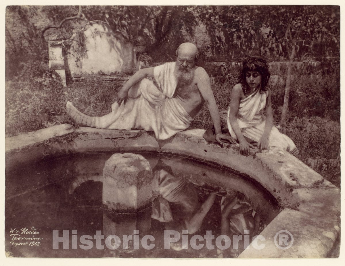 Photo Print : Wilhelm von Gloeden - Elderly Man and Young Boy at Garden Fountain, Sicily, Italy : Vintage Wall Art