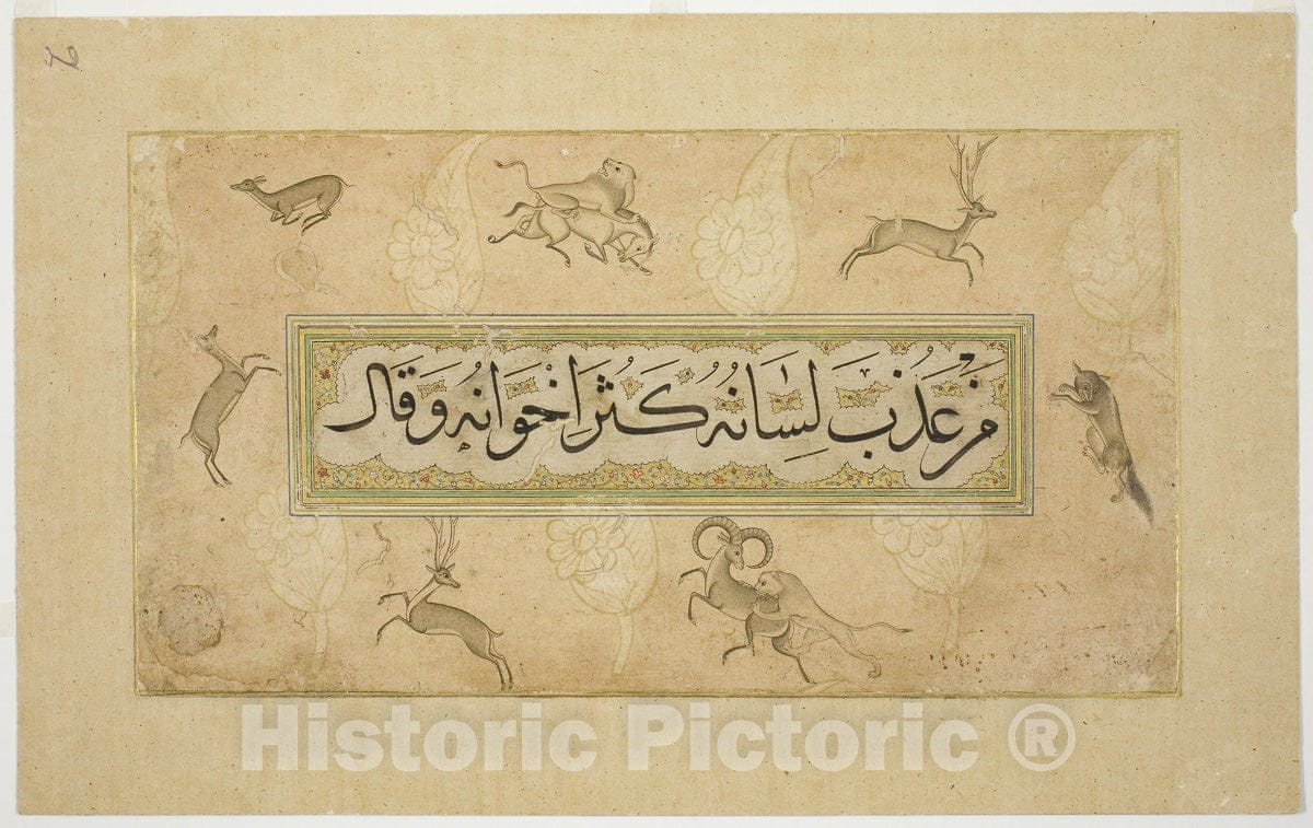 Art Print : Album Page with Calligraphic Specimen and Animal Border, Mughal, c 1758, Vintage Wall Decor :