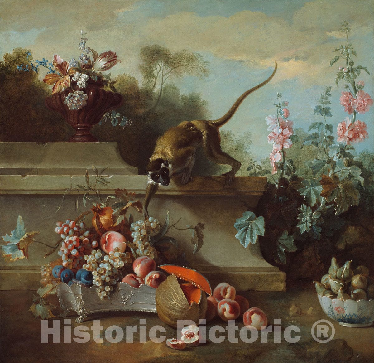 Art Print : Still Life with Monkey, Fruits, and Flowers, Jean-Baptiste Oudry, c 1862, Vintage Wall Decor :