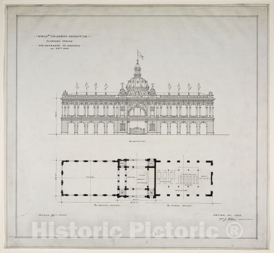Art Print : Worlds Colombian Exposition 64th Street Entrance, Chicago, Illinois, Plan and Elevation, Peter Joseph Weber, c 1944, Vintage Wall Decor :