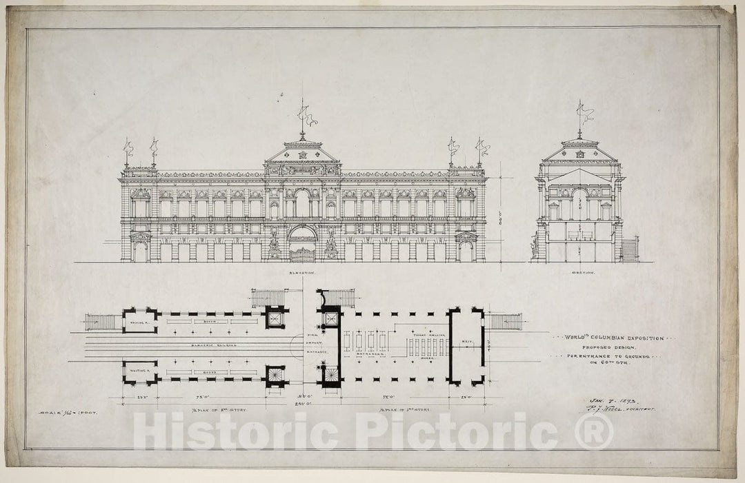 Art Print : Worlds Colombian Exposition 60th Street Entrance, Chicago, Illinois, Plan and Elevation, Peter Joseph Weber, c 1973, Vintage Wall Decor :
