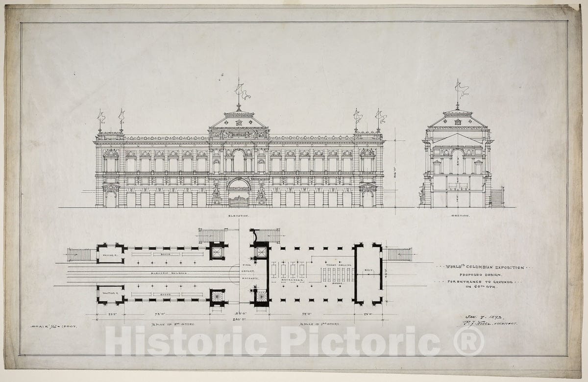 Art Print : Worlds Colombian Exposition 60th Street Entrance, Chicago, Illinois, Plan and Elevation, Peter Joseph Weber, c 1973, Vintage Wall Decor :