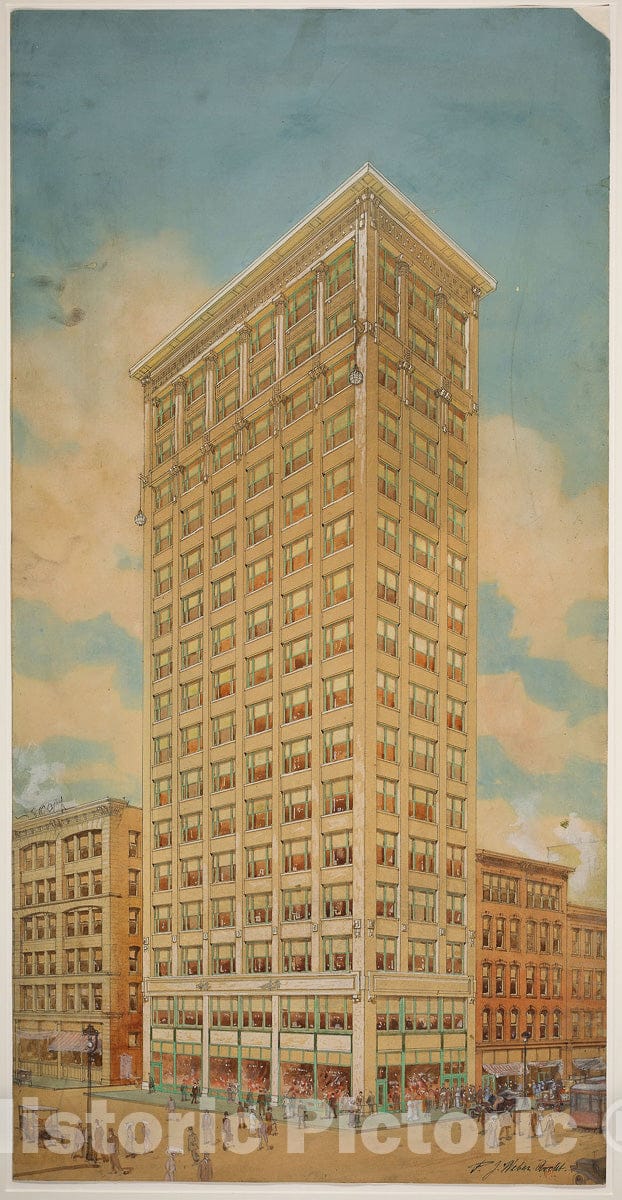 Art Print : Prairie School Skyscraper, Chicago, Illinois, Perspective, Peter Joseph Weber, c 1897, Vintage Wall Decor :
