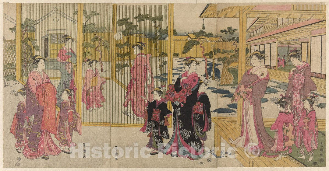 Art Print : Courtesans of the Chojiya and their attendants playing kemari, Utagawa Toyokuni I, c 1764, Vintage Wall Decor :