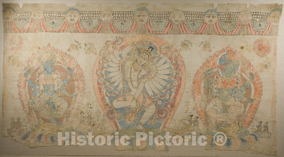 Art Print : Tantric Temple Banner of a Dancing Goddess Flanked by Dakinis, c 1699, Vintage Wall Decor :
