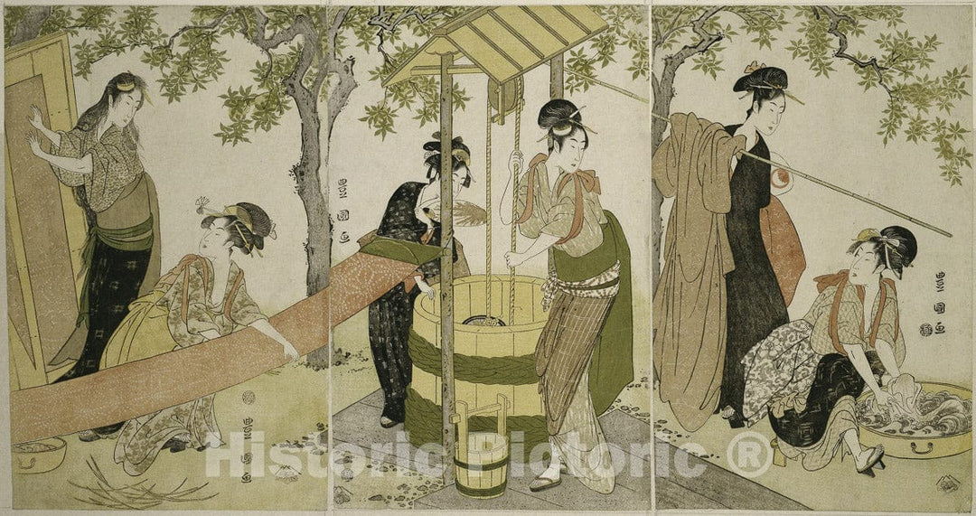 Art Print : Doing the Laundry by the Well Curb (Idobata no sentaku to araihari), Utagawa Toyokuni I, c 1916, Vintage Wall Decor :