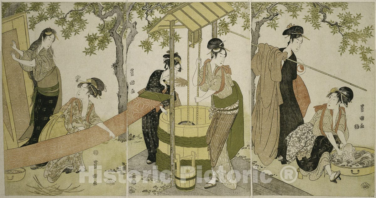Art Print : Doing the Laundry by the Well Curb (Idobata no sentaku to araihari), Utagawa Toyokuni I, c 1916, Vintage Wall Decor :