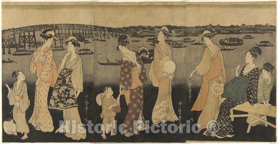 Art Print : Women watching fireworks at Sumida River, Kitagawa Utamaro, c 1858, Vintage Wall Decor :