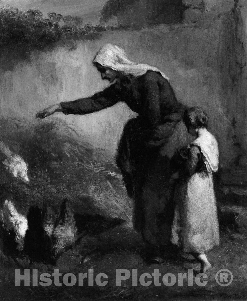 Art Print : Woman Feeding Chickens, Jean FranÃ§ois Millet, c 1888, Vintage Wall Decor :