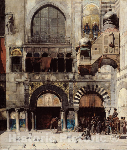 Art Print : Circassian Cavalry Awaiting their Commanding Officer at the Door of a Byzantine Monument; Memory of the Orient, Alberto Pasini, c 1912, Vintage Wall Decor :