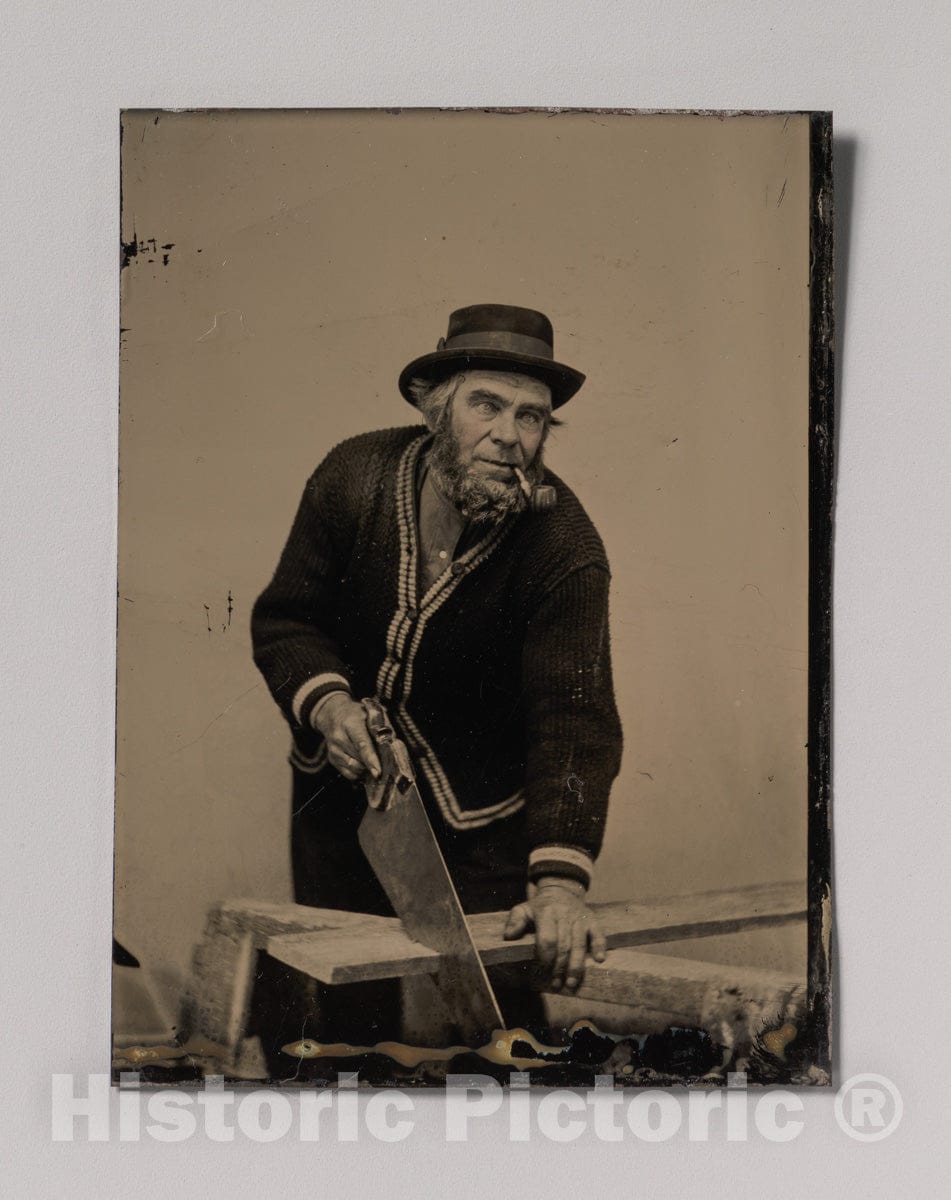 Art Print : Carpenter Sawing a Plank of Wood - Artist Unknown : Vintage Wall Art