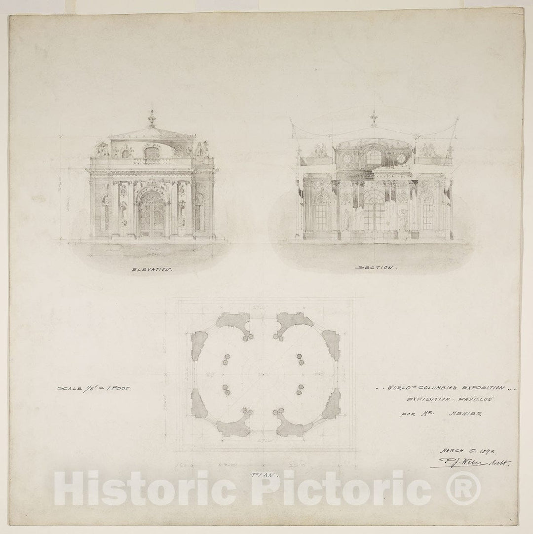 Art Print : Worlds Colombian Exposition Chocolate-Menier Pavilion, Chicago, Illinois, Plan, Elevation, and Section, Peter Joseph Weber, c 1954, Vintage Wall Decor :
