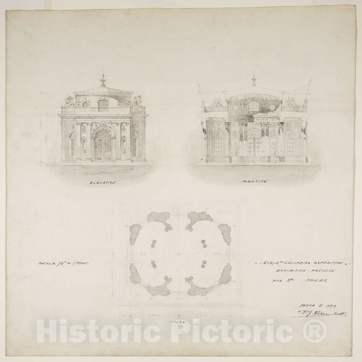 Art Print : Worlds Colombian Exposition Chocolate-Menier Pavilion, Chicago, Illinois, Plan, Elevation, and Section, Peter Joseph Weber, c 1954, Vintage Wall Decor :