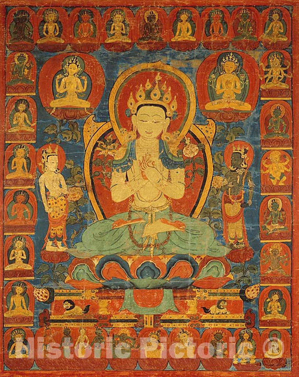 Art Print : Painted Banner (Thangka) of Bodhisattva Maitreya Surrounded by his Retinue, c 1583, Vintage Wall Decor :