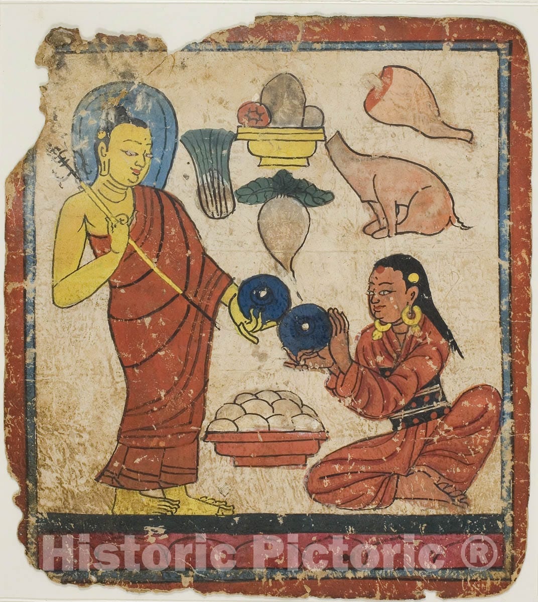 Art Print : Lady Offering Food to a Monk, From a Set of Initiation Cards (Tsakali), Southern Tibet, c 1891, Vintage Wall Decor :