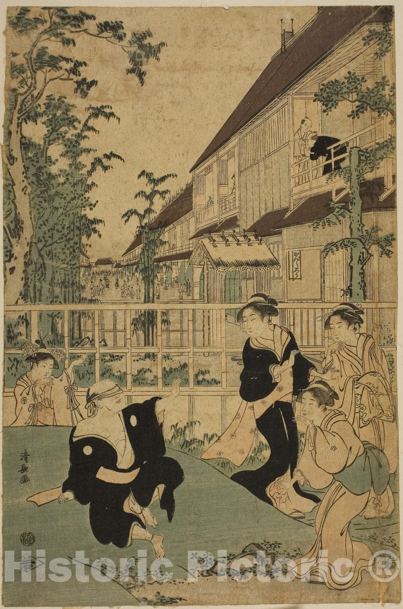 Art Print : Outdoor Amusements at the Kankanro Teahouse in Yoshiwara, Torii Kiyonaga, c 1800, Vintage Wall Decor :