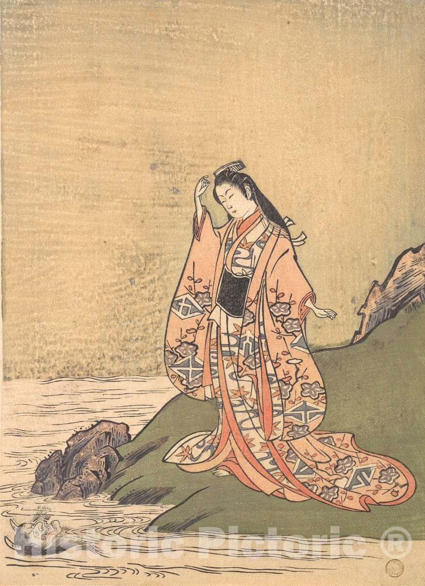 Art Print : Komatsuken Shoshoken - A Girl on the Edge of a Stream Sees a Demon's Head in the Water : Vintage Wall Art