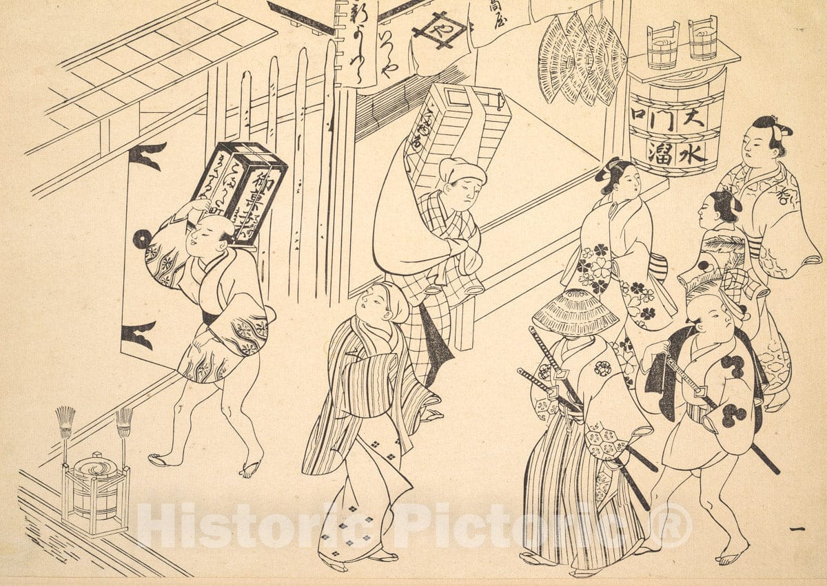Art Print : Okumura Masanobu - A Number of People in the Street Going about Various Affairs : Vintage Wall Art