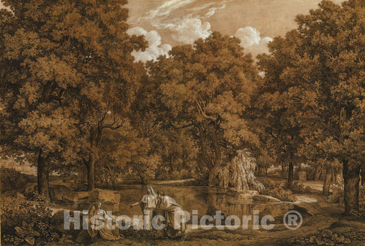 Art Print : Johann Christian Reinhart - Arcadian Landscape with Three Figures at a Lake : Vintage Wall Art