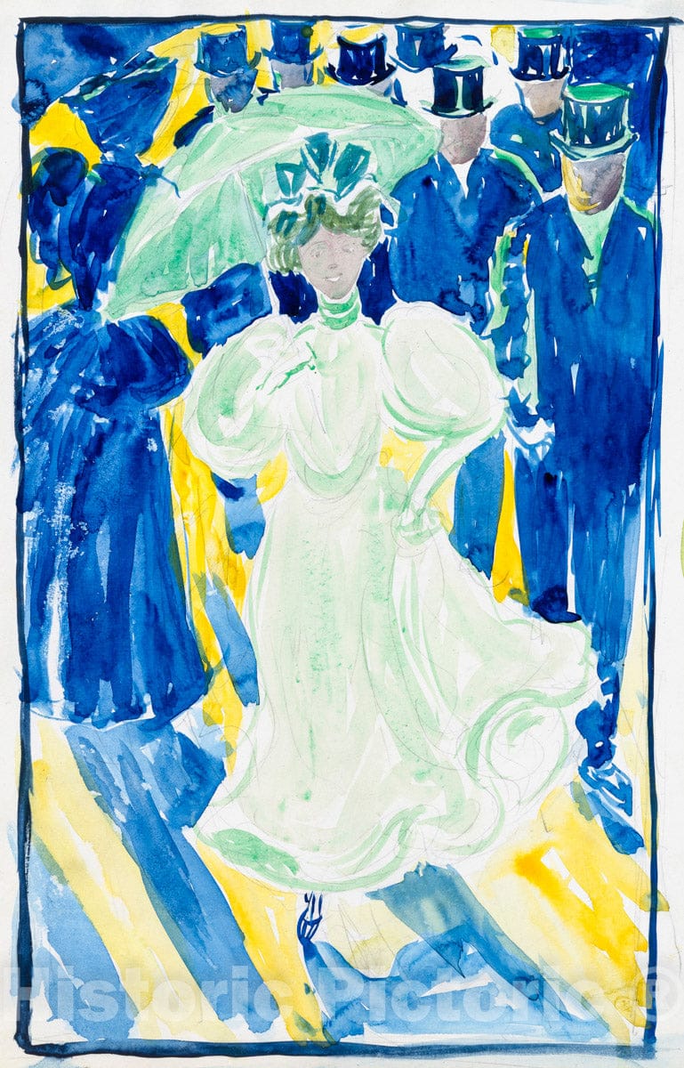 Art Print : Prendergast  - Large Boston Public Garden Sketchbook: Night scene with two women with parasols and a crowd of men in top hats : Vintage Wall Art