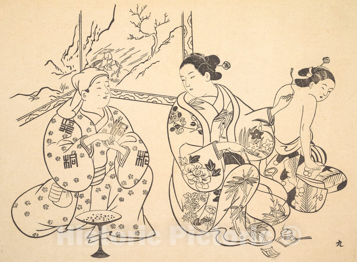 Art Print : Okumura Masanobu - An Oiran Seated in a Parlor Applies the Fire Treatment to the Bared Back of Another Woman : Vintage Wall Art