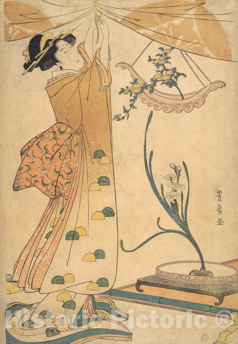 Art Print : Utagawa Toyohiro - A Woman Tying up a Curtain, a Flower Arrangement of Chrysanthemums in a Boat-shaped Hanging Vase : Vintage Wall Art