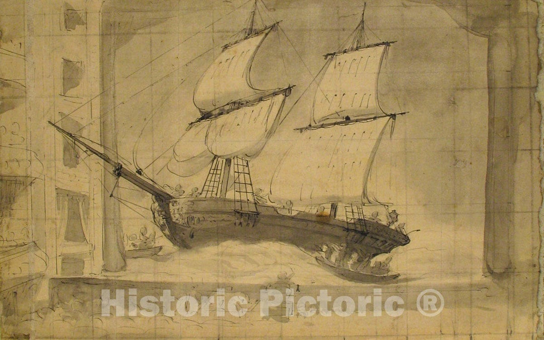 Art Print : Pierre Luc Charles Cicéri - Drawing for Wagner's "Le Vaisseau Fantôme," Paris Opéra : Vintage Wall Art