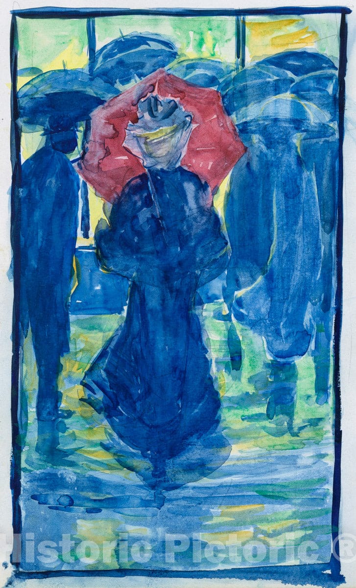 Art Print : Prendergast  - Large Boston Public Garden Sketchbook: Night scene with figures carrying umbrellas : Vintage Wall Art