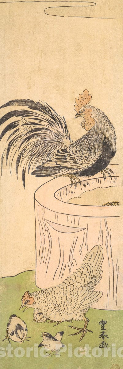 Art Print : Utagawa Toyoharu - Cock, Hen, and Chickens : Vintage Wall Art