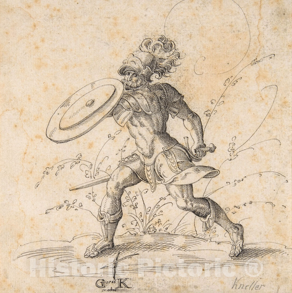 Art Print : Monogrammist GK - A Soldier Brandishing a Shield in a Landscape : Vintage Wall Art