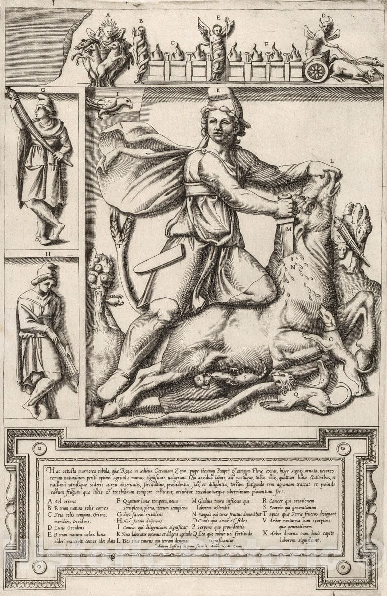 Art Print : Anonymous - Relief with Mithras kneeling upon a bull and driving a sword into its shoulder : Vintage Wall Art
