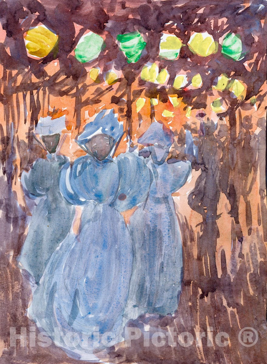 Art Print : Prendergast  - Large Boston Public Garden Sketchbook: Night scene with three women in blue : Vintage Wall Art