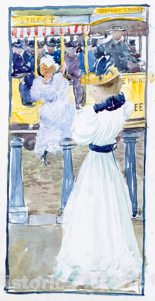 Art Print : Prendergast  - Large Boston Public Garden Sketchbook: The streetcar on Tremont Street : Vintage Wall Art